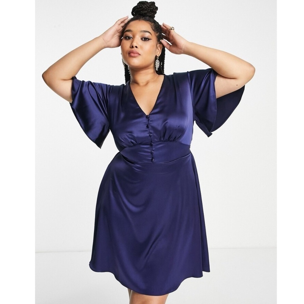 FLOUNCE LONDON Navy Satin Flutter Sleeve Mini Dress Womens Sz 16 Short Sleeve V